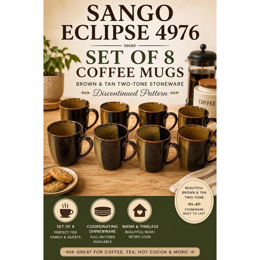Sango Eclipse Brown 4976 Coffee Mugs Set of 8, Brown Tan Two Tone Stoneware Cups